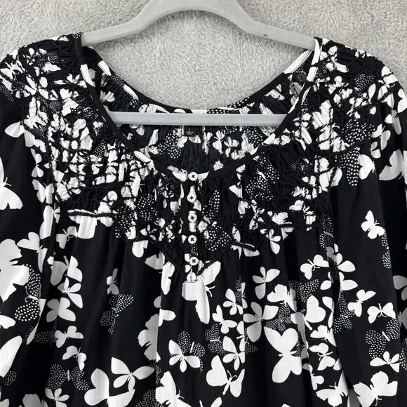 Talbots Top Womens L Black Butterfly Smocked Scoop Neck 3/4 Sleeves Elastic Cuff - Picture 3 of 15